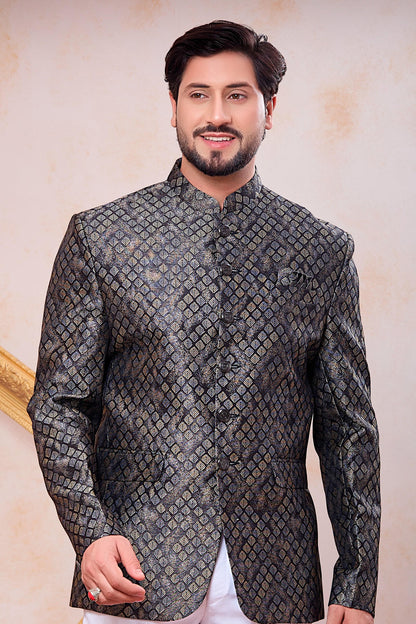 Black Colour Thread Work Embroidery Jacquard Jodhpuri
