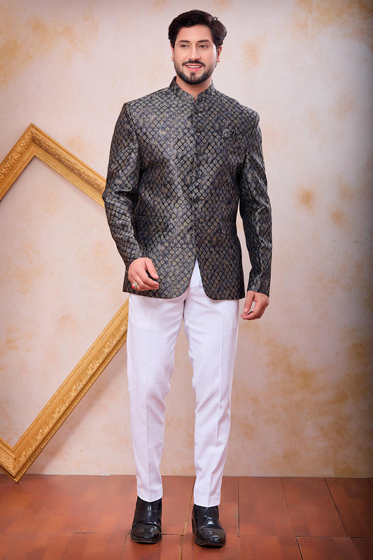 Black Colour Thread Work Embroidery Jacquard Jodhpuri