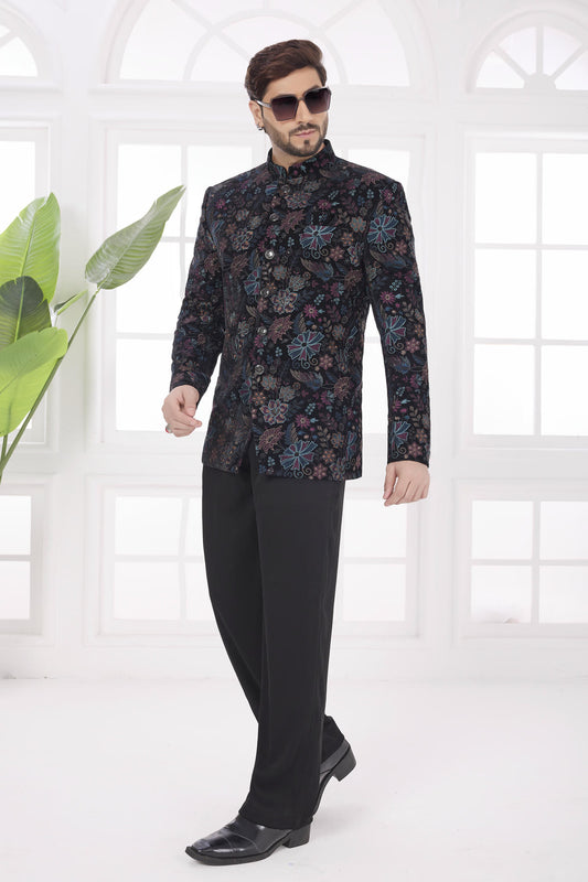 Black Colour Thread Work Embroidery Velvet Jodhpuri