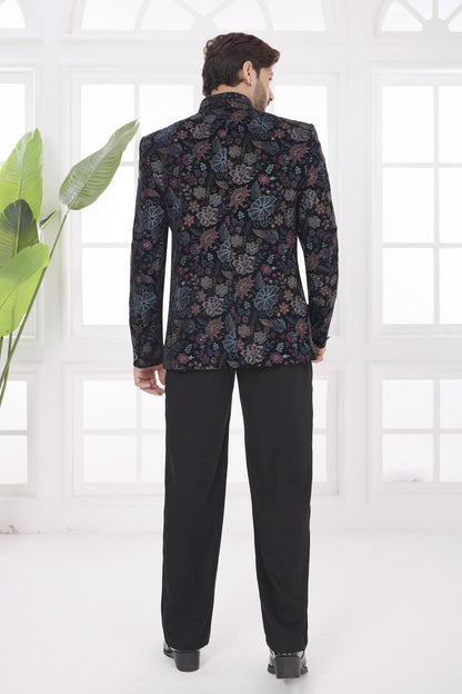 Black Colour Thread Work Embroidery Velvet Jodhpuri
