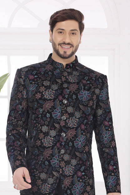 Black Colour Thread Work Embroidery Velvet Jodhpuri
