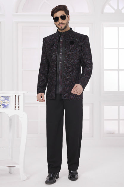 Black Colour Thread Work Embroidery Velvet Jodhpuri