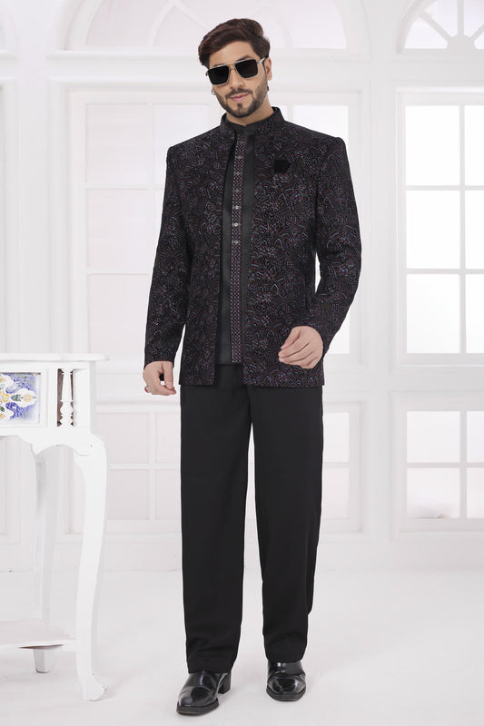 Black Colour Thread Work Embroidery Velvet Jodhpuri