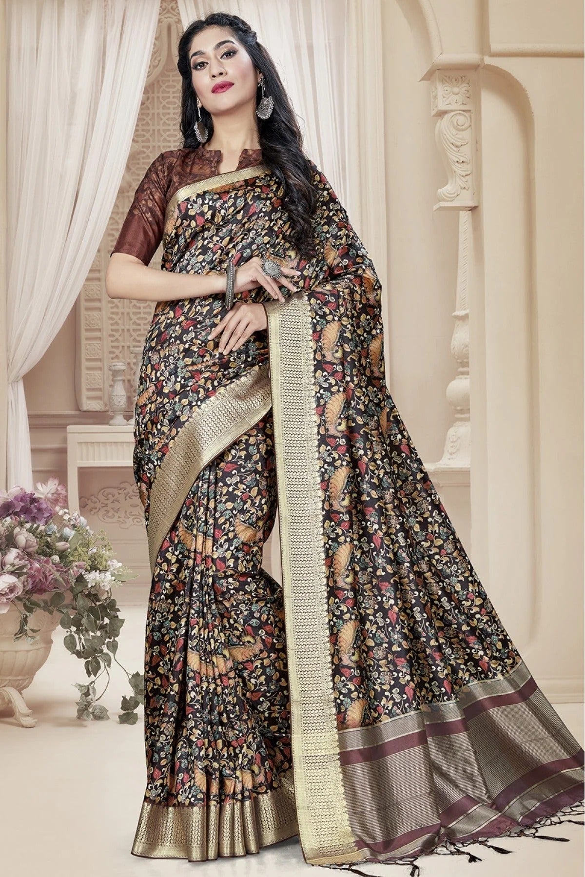 Black Colour Tussar Silk Printed Saree SD1120648