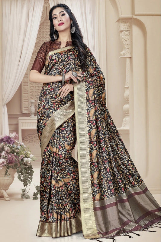 Black Colour Tussar Silk Printed Saree SD1120648