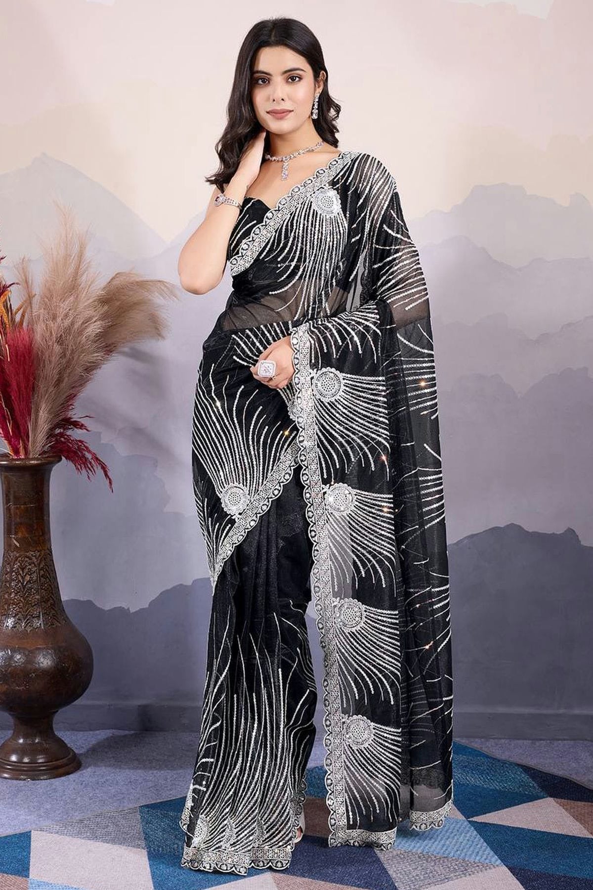 Black Colour Twill Net Embroidery Work Saree SD1290008
