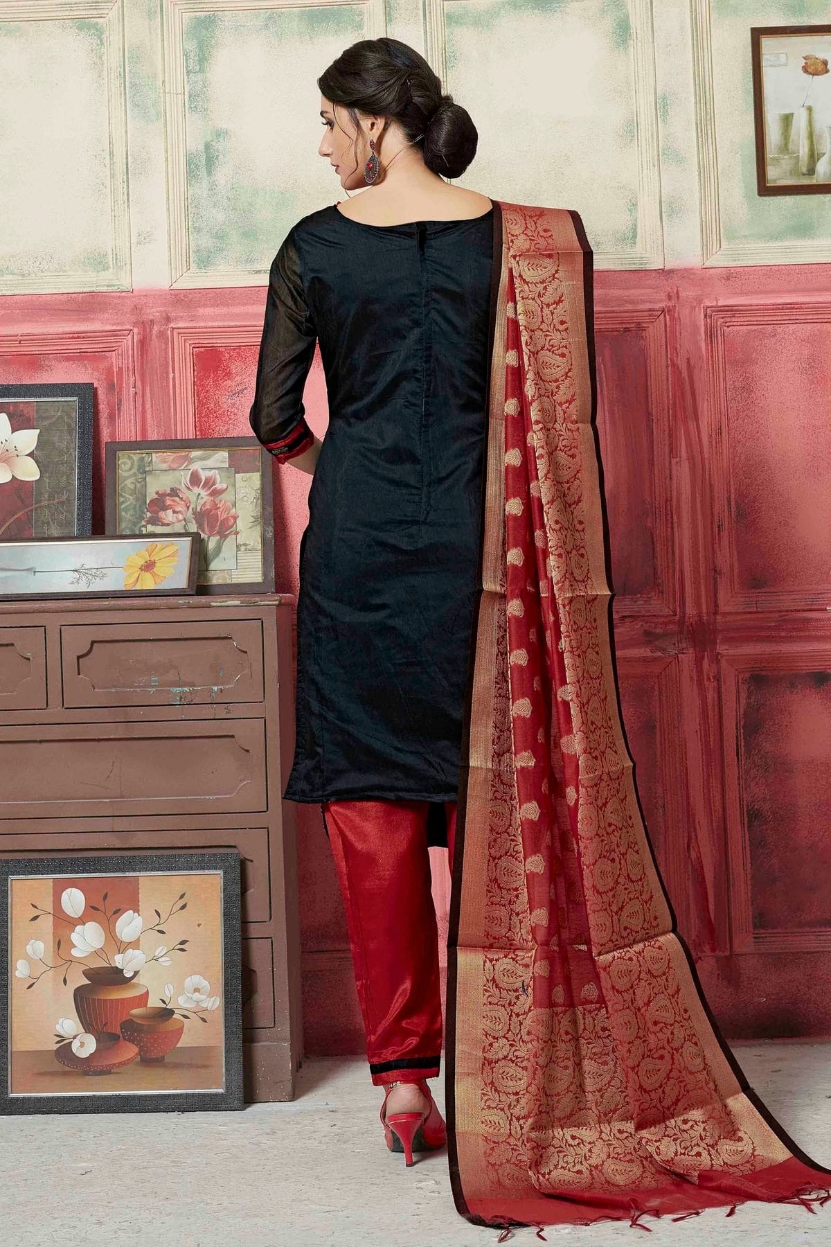 Black Colour Unstitched Banarasi Silk Fabric Straight Suit US1161047 A