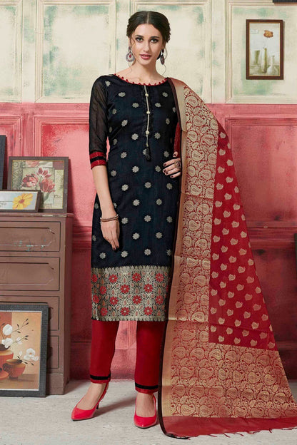Black Colour Unstitched Banarasi Silk Fabric Straight Suit US1161047