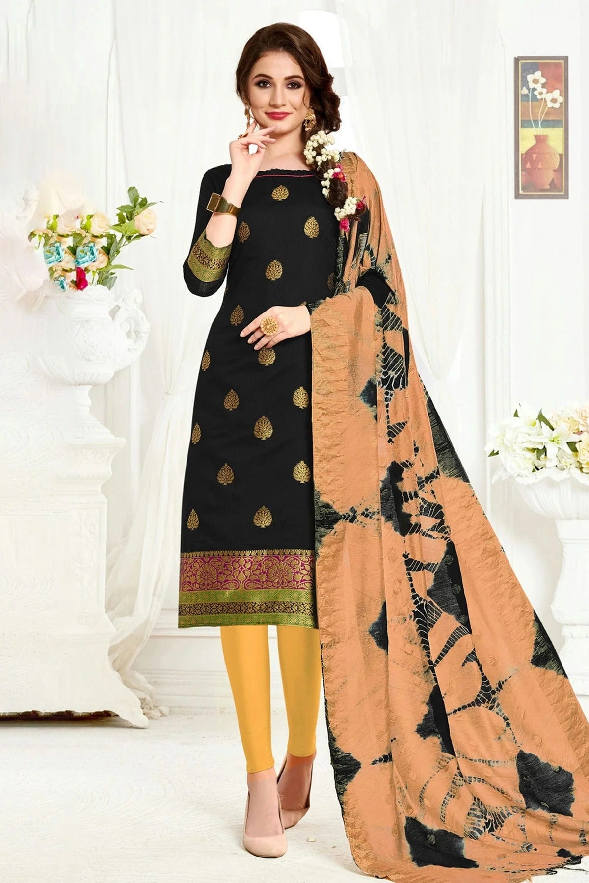 Black Colour Unstitched Banarasi Silk Straight Suit US1161079