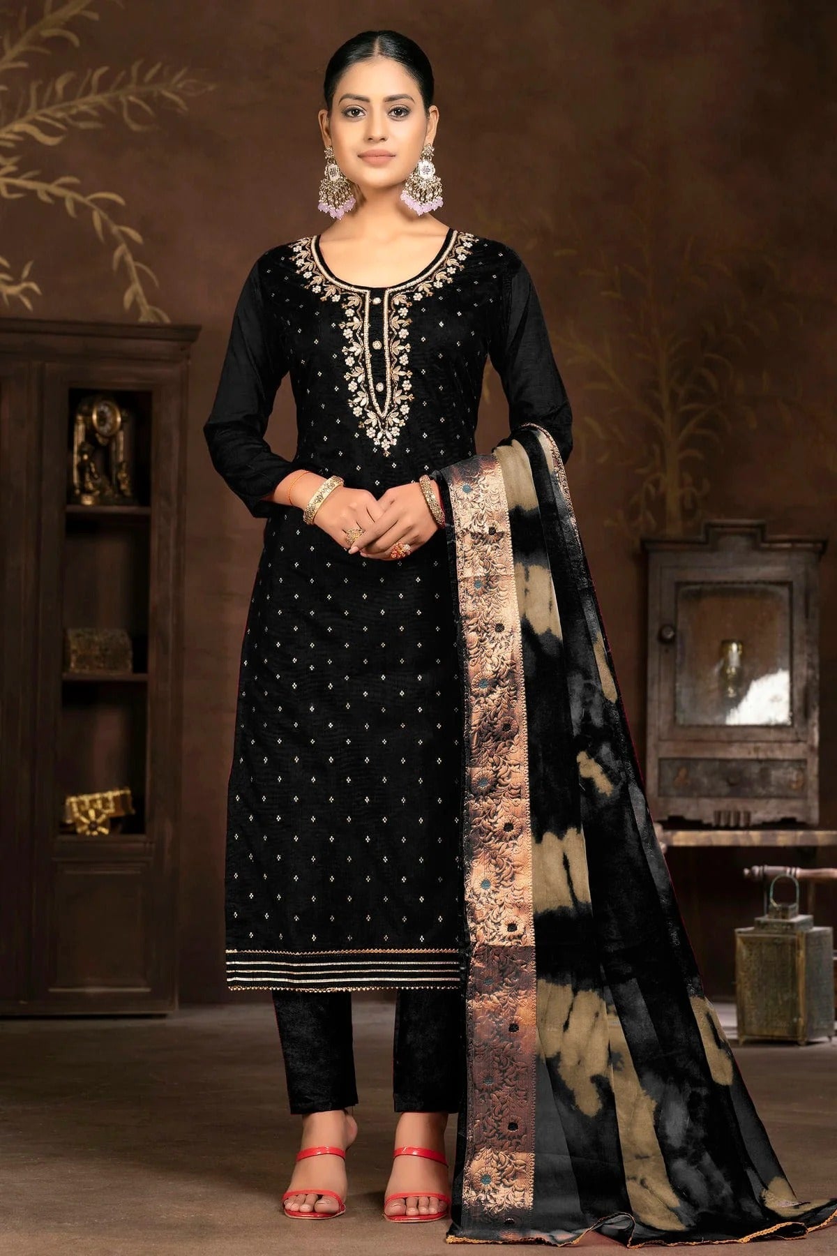 Black Colour Unstitched Cotton Jacquard Pant Style Suit US1161315
