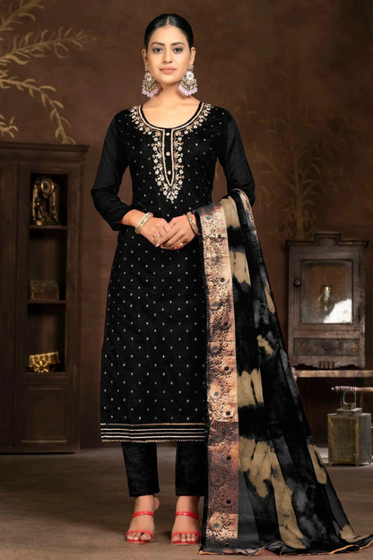 Black Colour Unstitched Cotton Jacquard Pant Style Suit US1161315