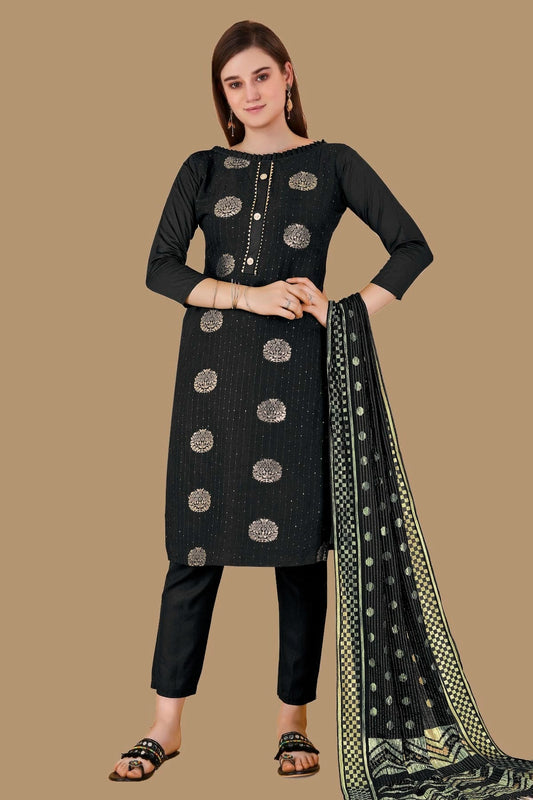 Black Colour Unstitched Cotton Jacquard Straight Suit US1160874
