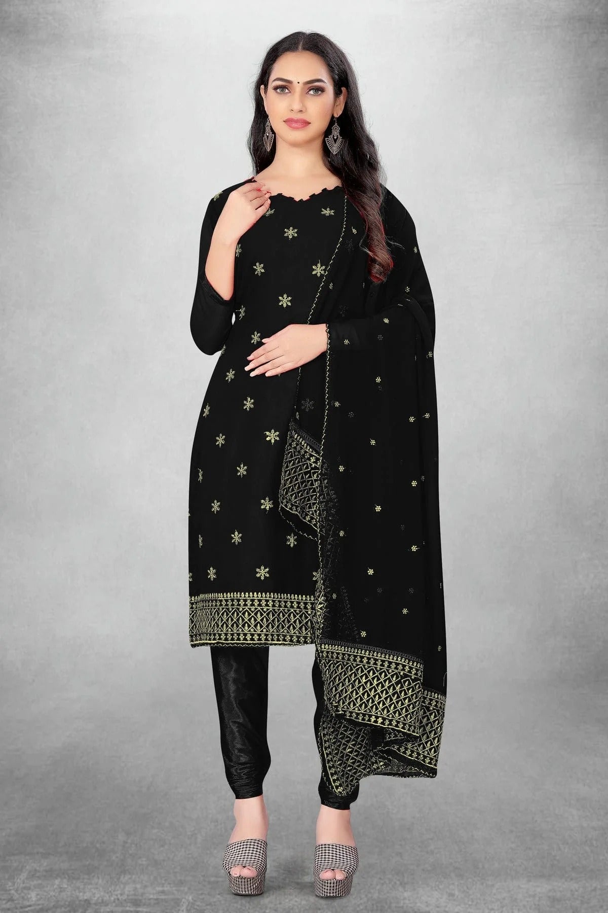 Black Colour Unstitched Georgette Churidar Suit US1160817