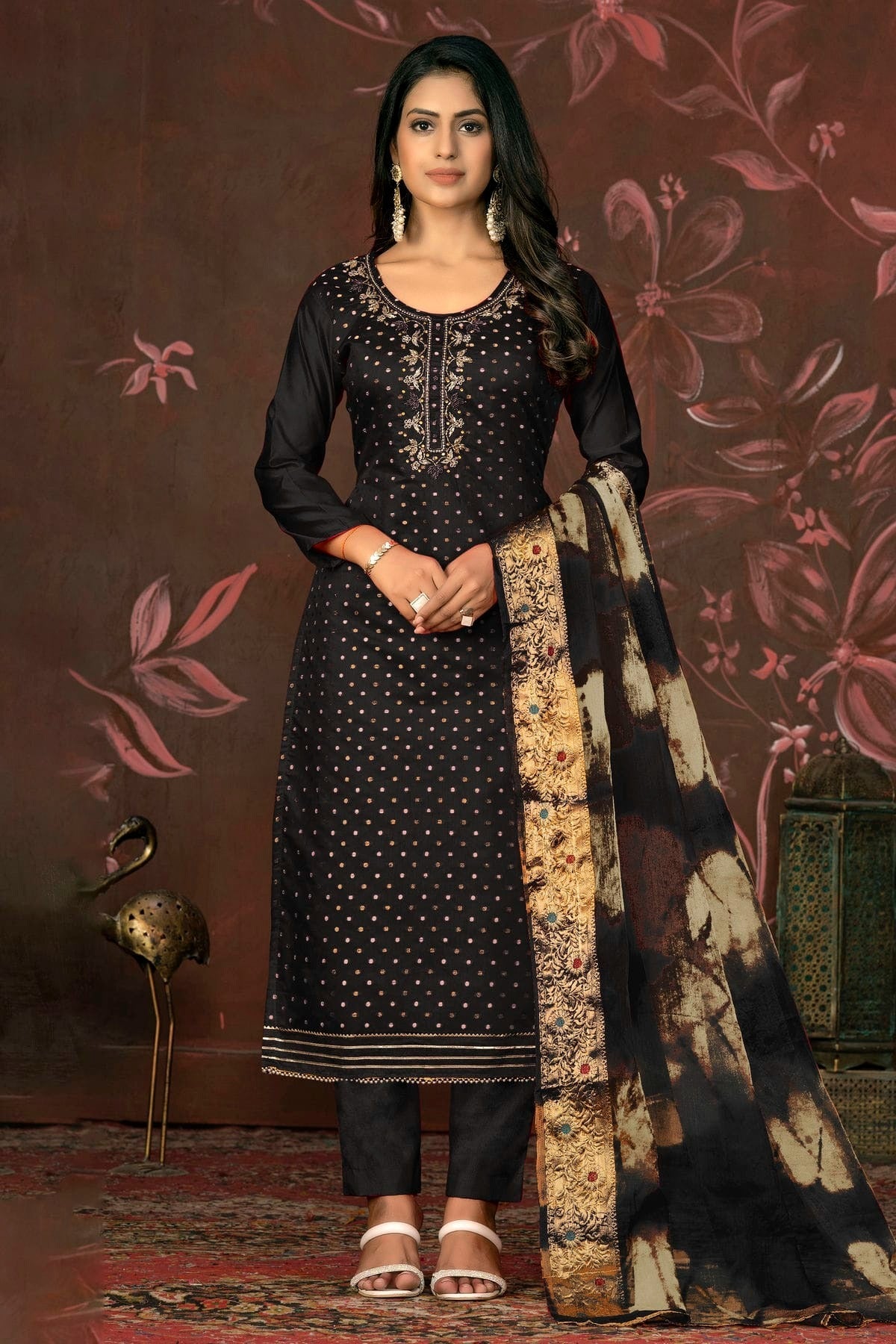 Black Colour Unstitched Modal Cotton Jacquard Pant Style Suit US1161279
