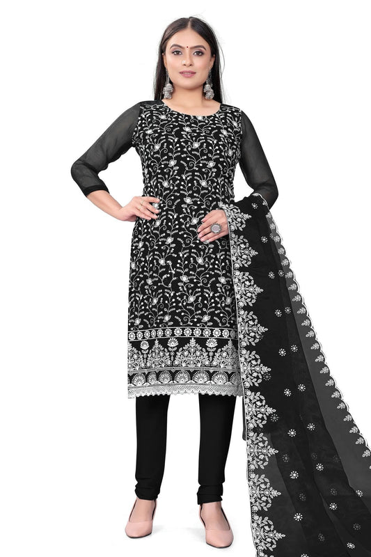 Black Colour Unstitched Organza Churidar Suit US1160694
