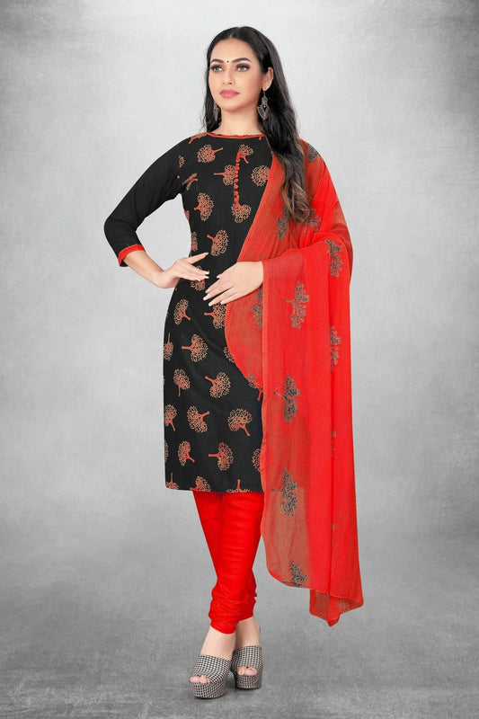 Black Colour Unstitched Slub Cotton Churidar Suit US1160752