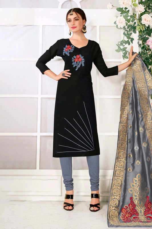 Black Colour Unstitched Slub Cotton Churidar Suit US1161175