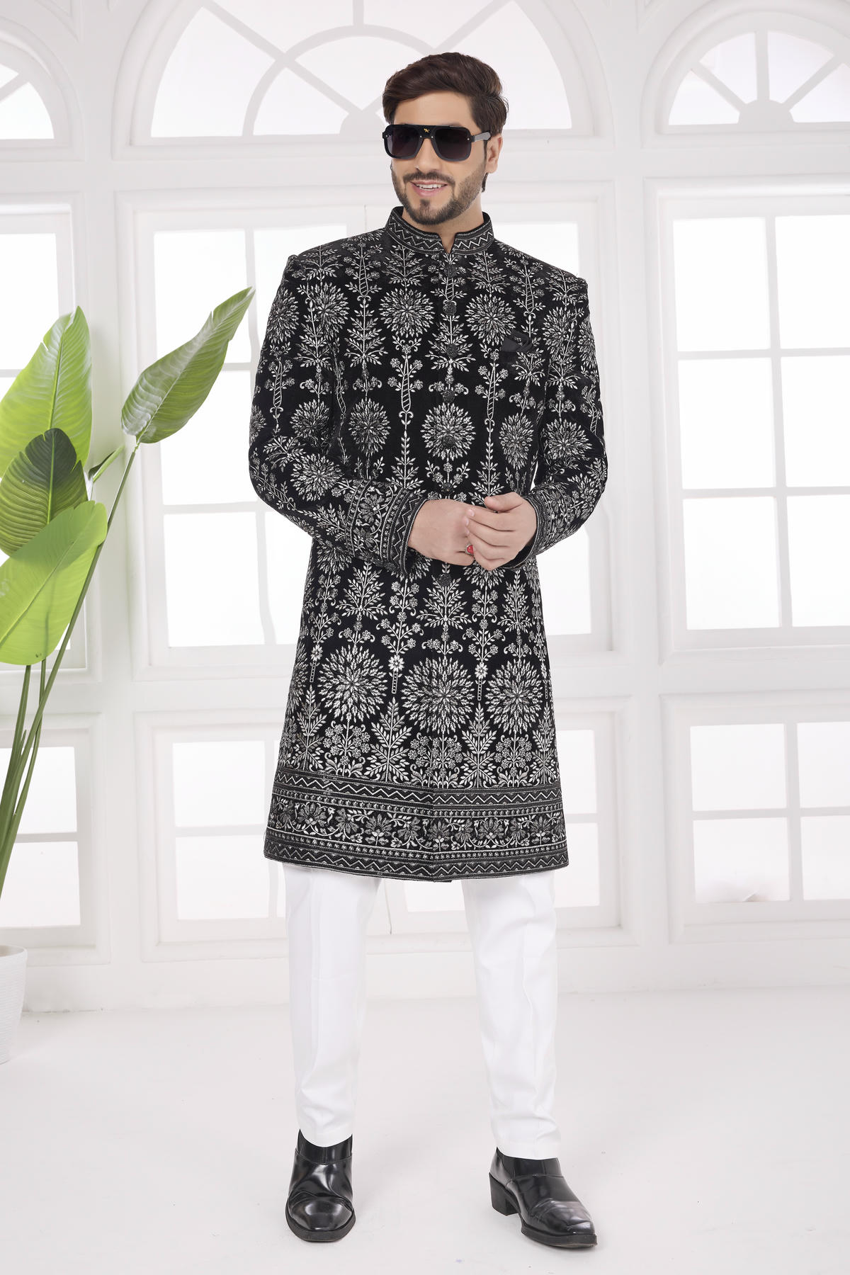Black Colour Velvet Embroidery Work Sherwani