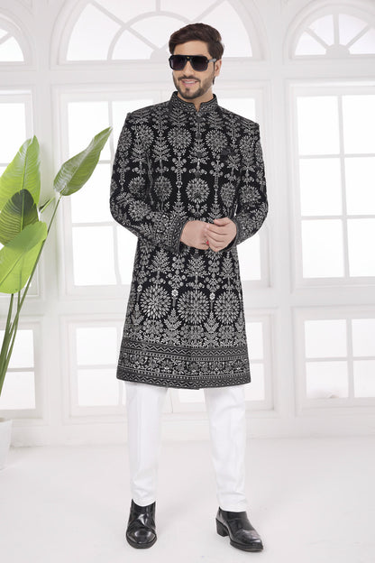 Black Colour Velvet Embroidery Work Sherwani