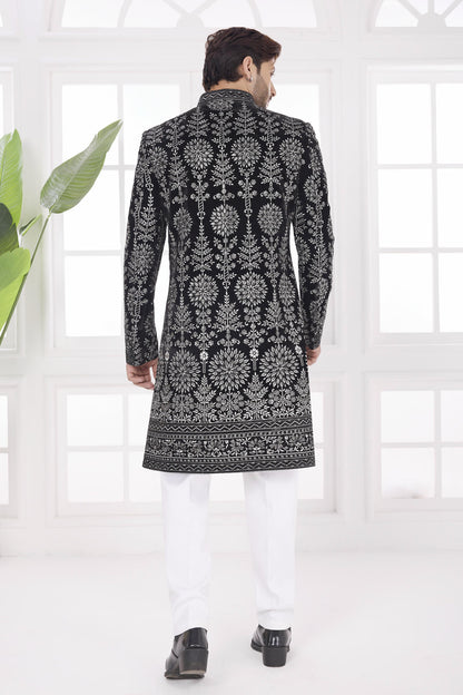 Black Colour Velvet Embroidery Work Sherwani