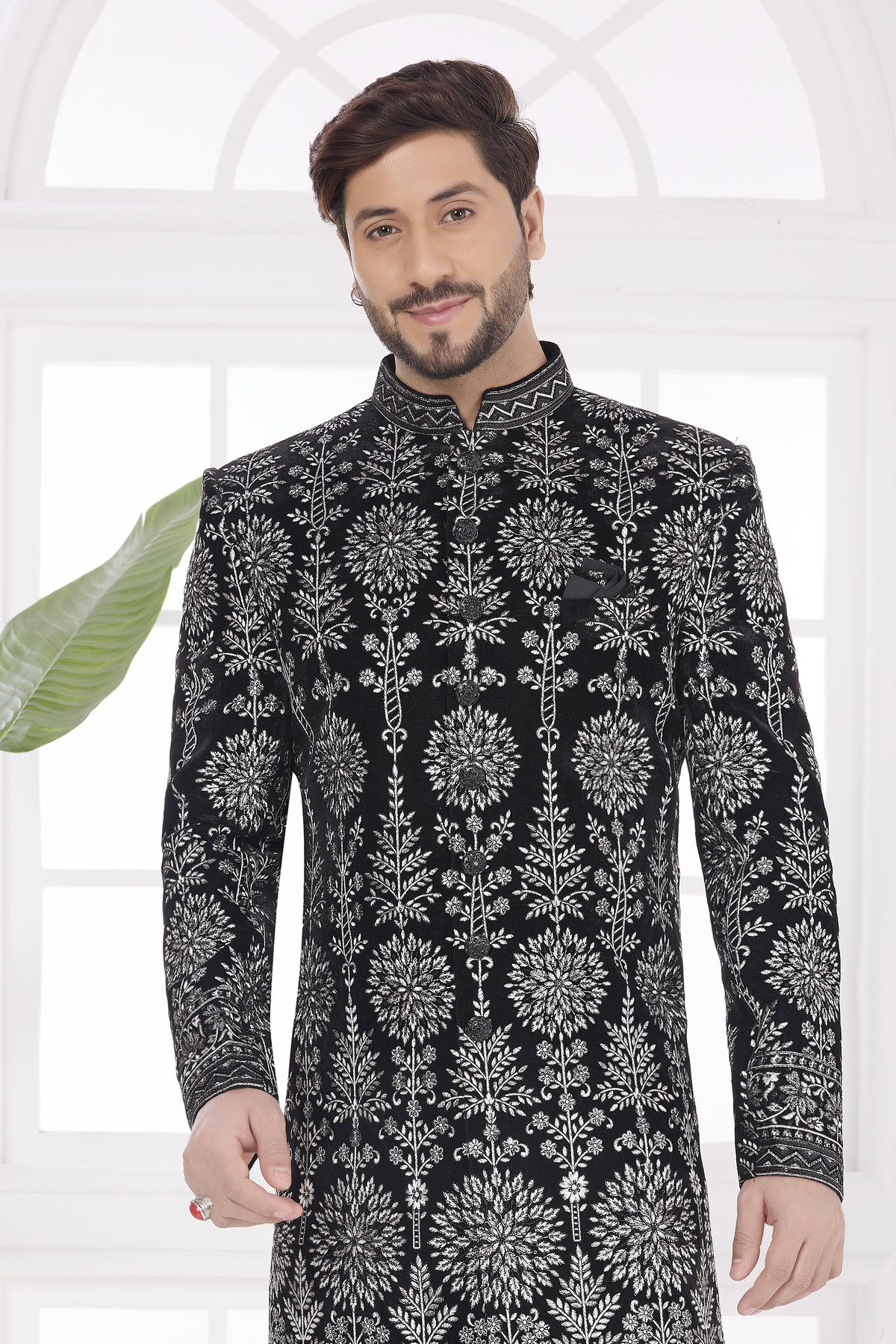 Black Colour Velvet Embroidery Work Sherwani
