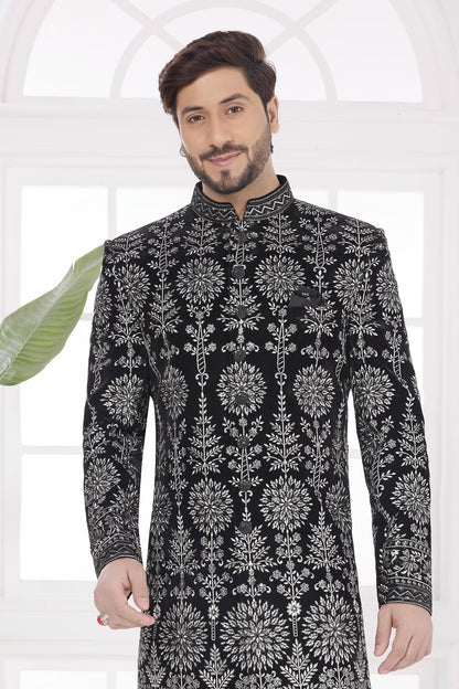 Black Colour Velvet Embroidery Work Sherwani
