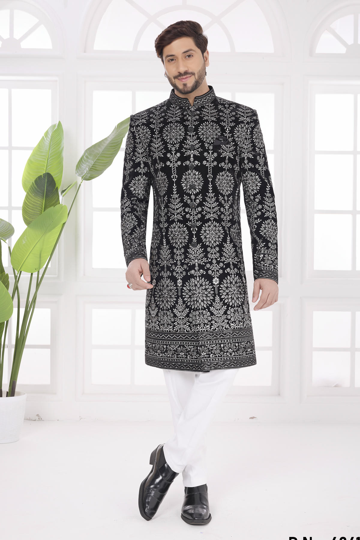 Black Colour Velvet Embroidery Work Sherwani