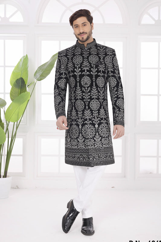 Black Colour Velvet Embroidery Work Sherwani