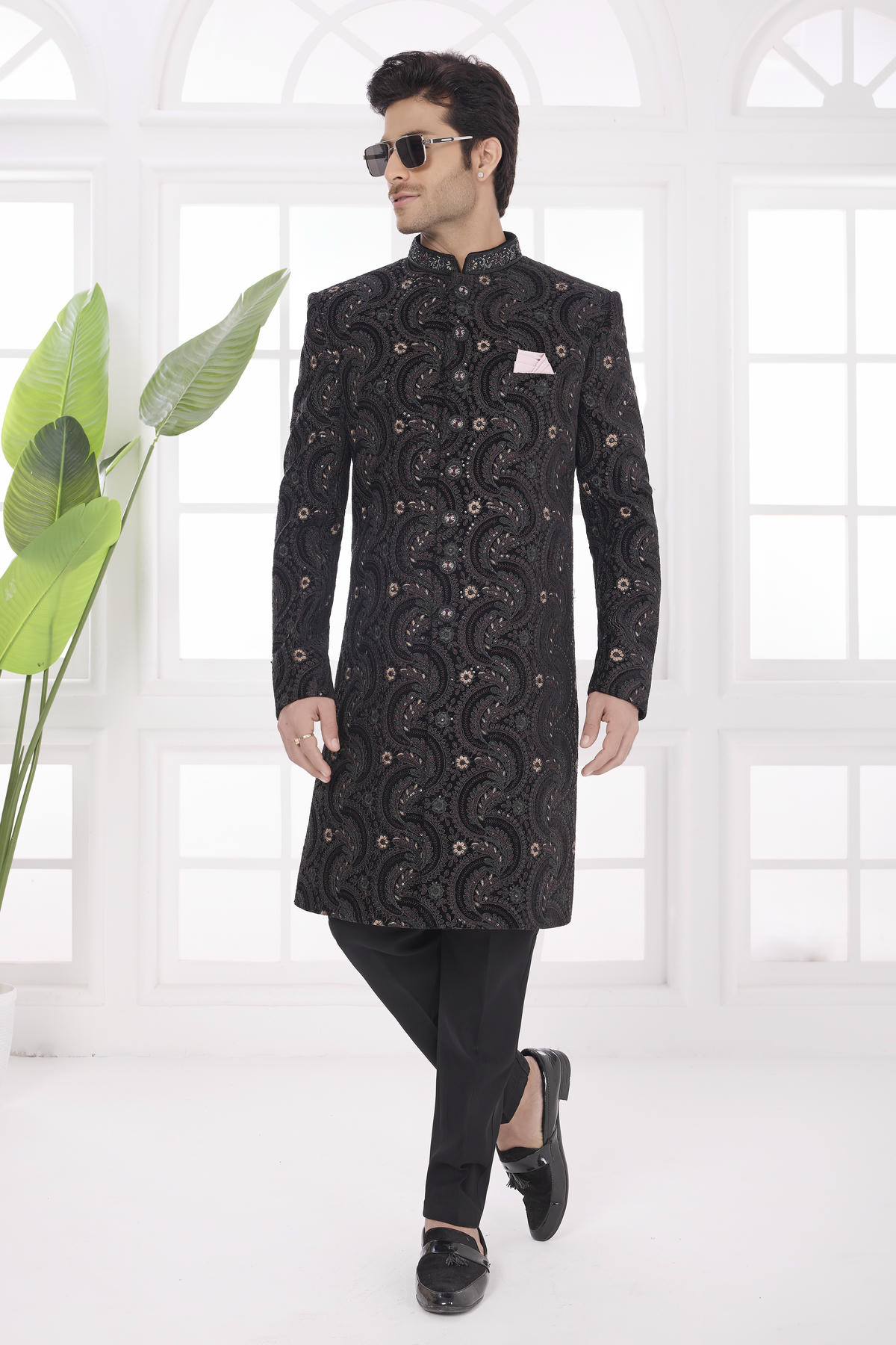 Black Colour Velvet Embroidery Work Sherwani