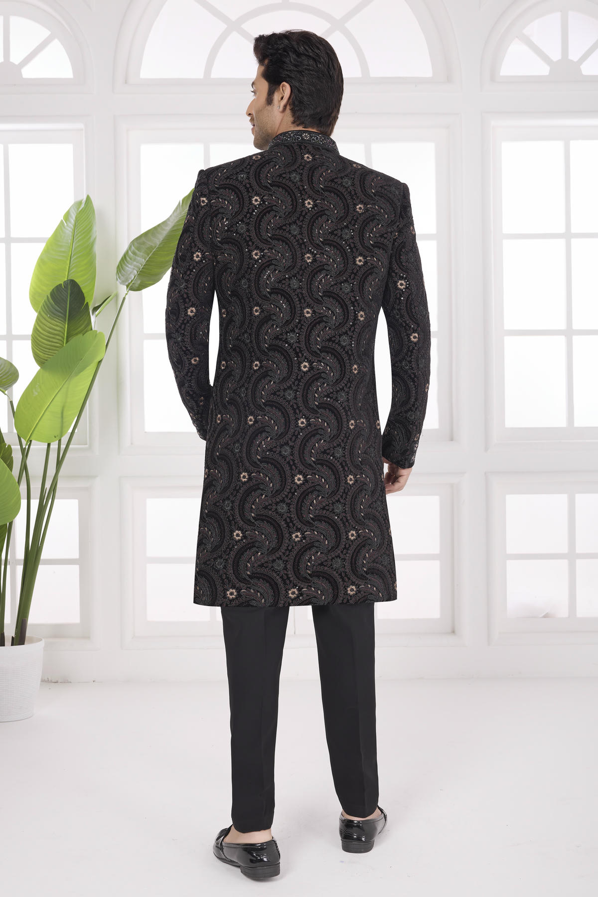 Black Colour Velvet Embroidery Work Sherwani
