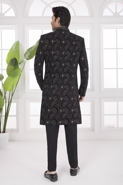 Black Colour Velvet Embroidery Work Sherwani