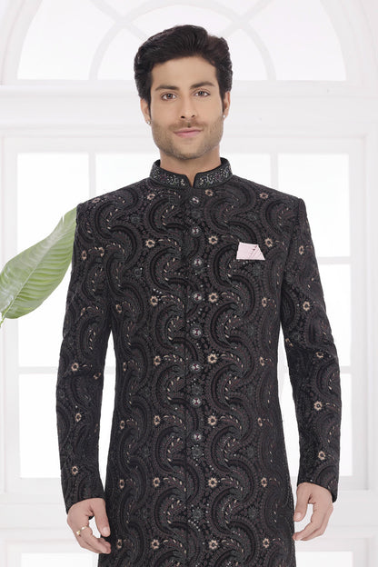 Black Colour Velvet Embroidery Work Sherwani