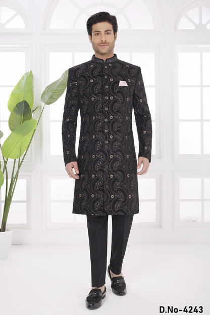 Black Colour Velvet Embroidery Work Sherwani