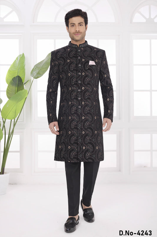 Black Colour Velvet Embroidery Work Sherwani