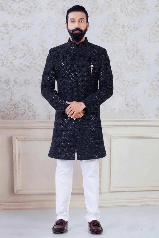 Black Colour Velvet Indo Western Sherwani SH1130039