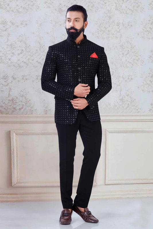 Black Colour Velvet Jodhpuri Suit SH1130037