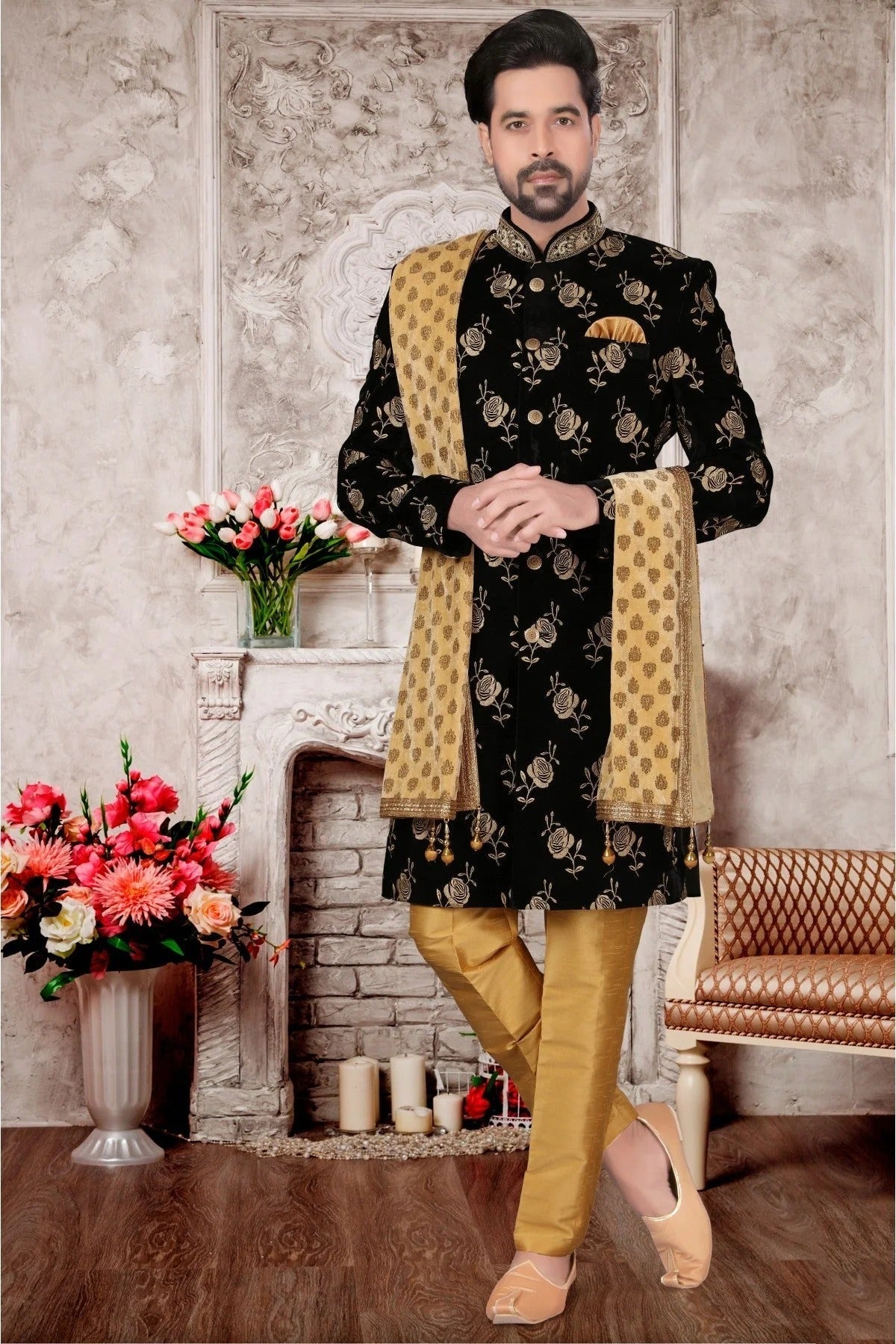 Black Colour Velvet Sherwani SH1040283