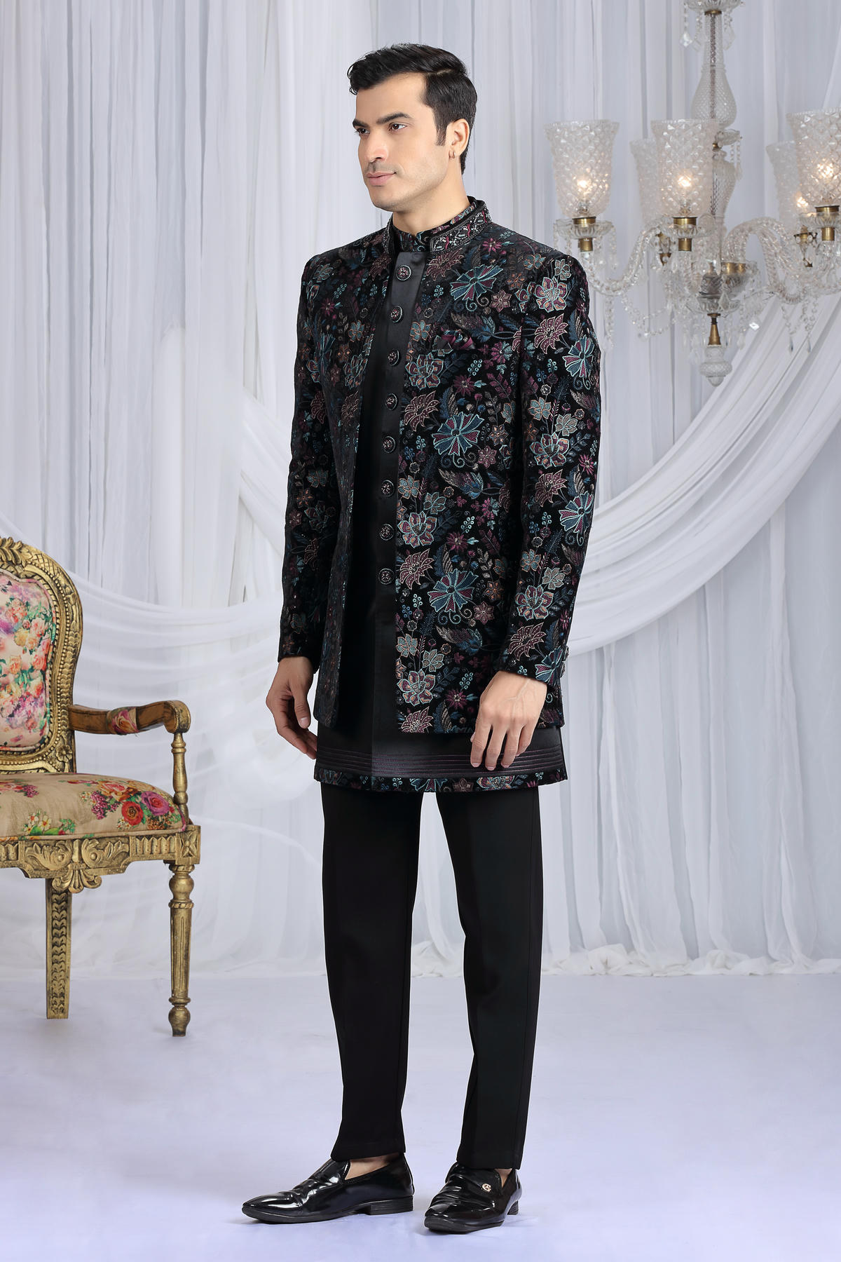 Black Colour Velvet Silk Embroidery Work 3 Pcs Indo Western Sherwani