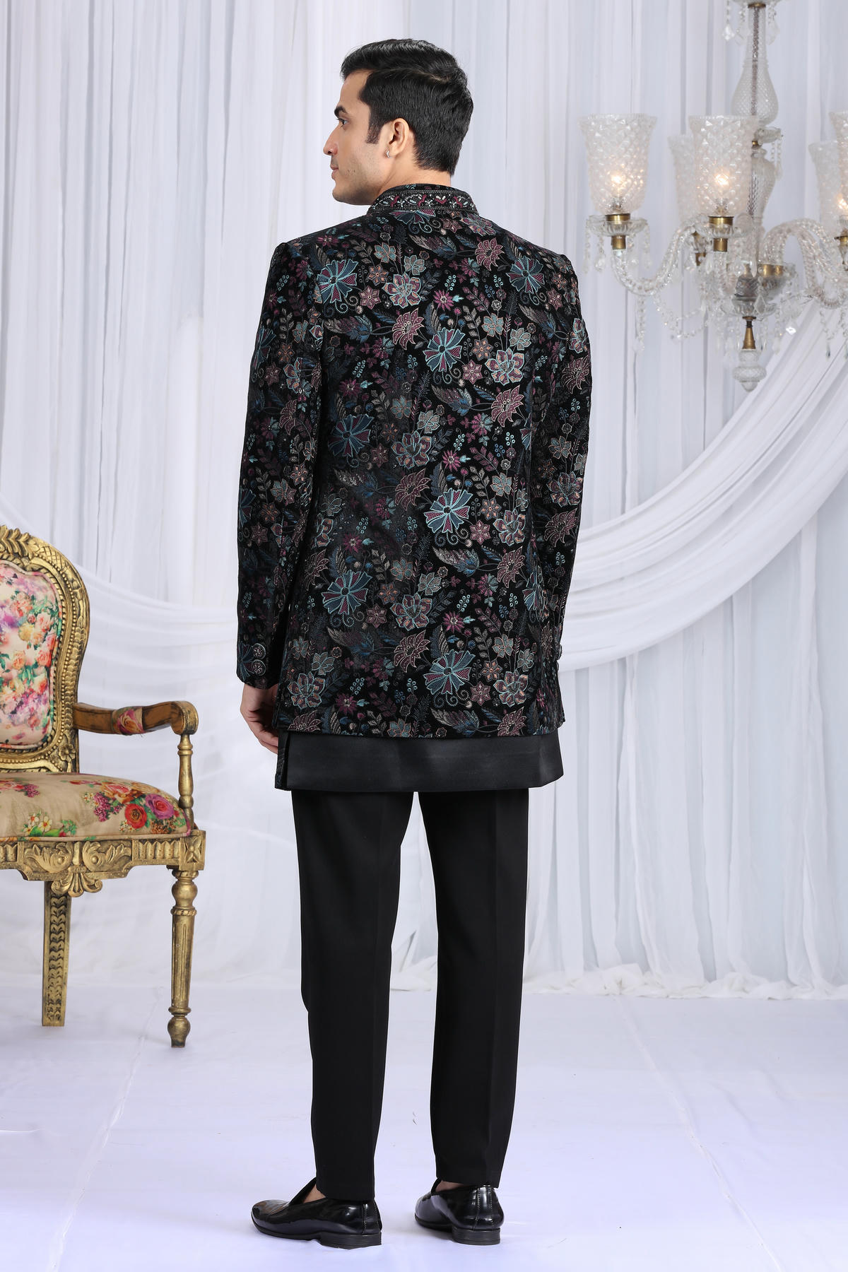 Black Colour Velvet Silk Embroidery Work 3 Pcs Indo Western Sherwani
