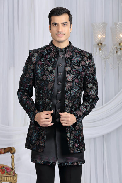 Black Colour Velvet Silk Embroidery Work 3 Pcs Indo Western Sherwani