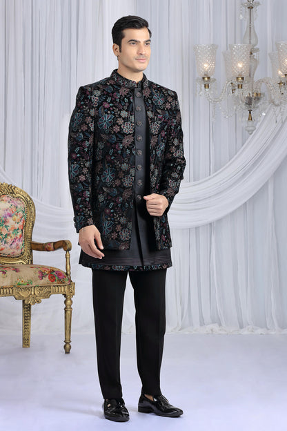 Black Colour Velvet Silk Embroidery Work 3 Pcs Indo Western Sherwani