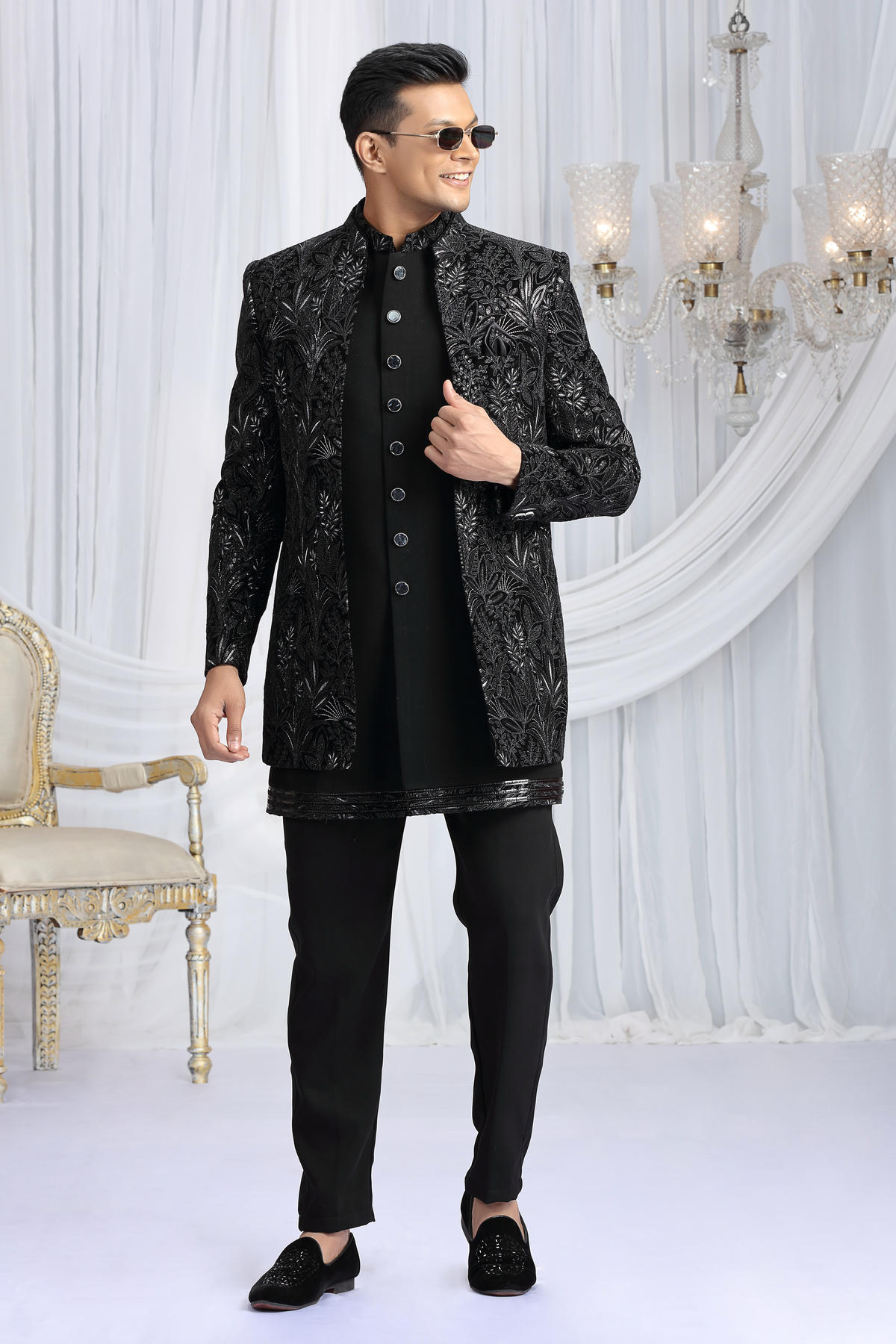 Black Colour Velvet Silk Embroidery Work 3 Pcs Indo Western Sherwani
