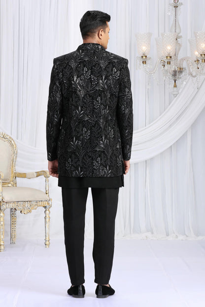 Black Colour Velvet Silk Embroidery Work 3 Pcs Indo Western Sherwani