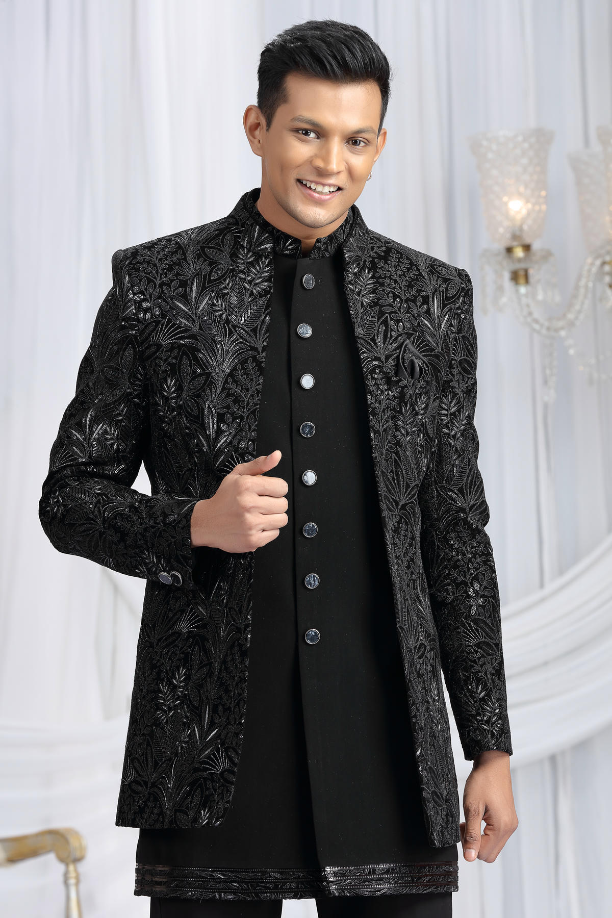 Black Colour Velvet Silk Embroidery Work 3 Pcs Indo Western Sherwani