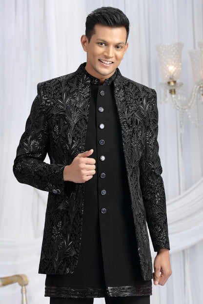 Black Colour Velvet Silk Embroidery Work 3 Pcs Indo Western Sherwani