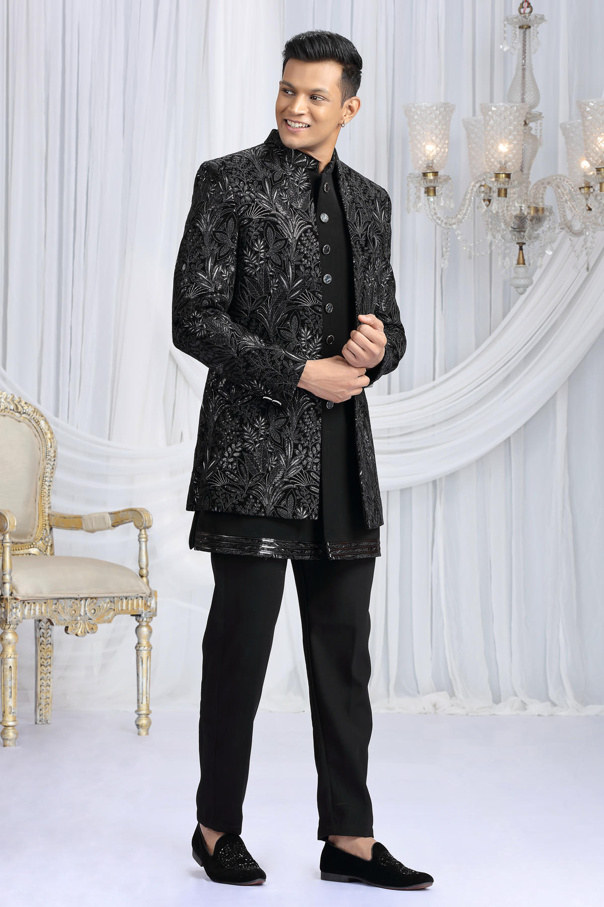 Black Colour Velvet Silk Embroidery Work 3 Pcs Indo Western Sherwani