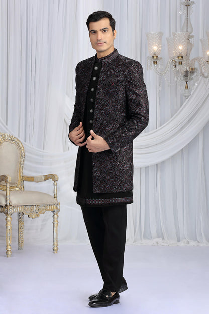 Black Colour Velvet Silk Embroidery Work 3 Pcs Indo Western Sherwani