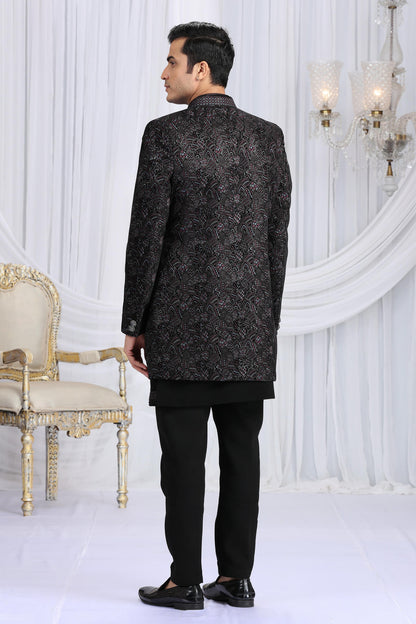 Black Colour Velvet Silk Embroidery Work 3 Pcs Indo Western Sherwani
