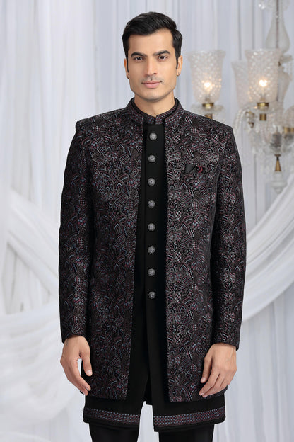 Black Colour Velvet Silk Embroidery Work 3 Pcs Indo Western Sherwani