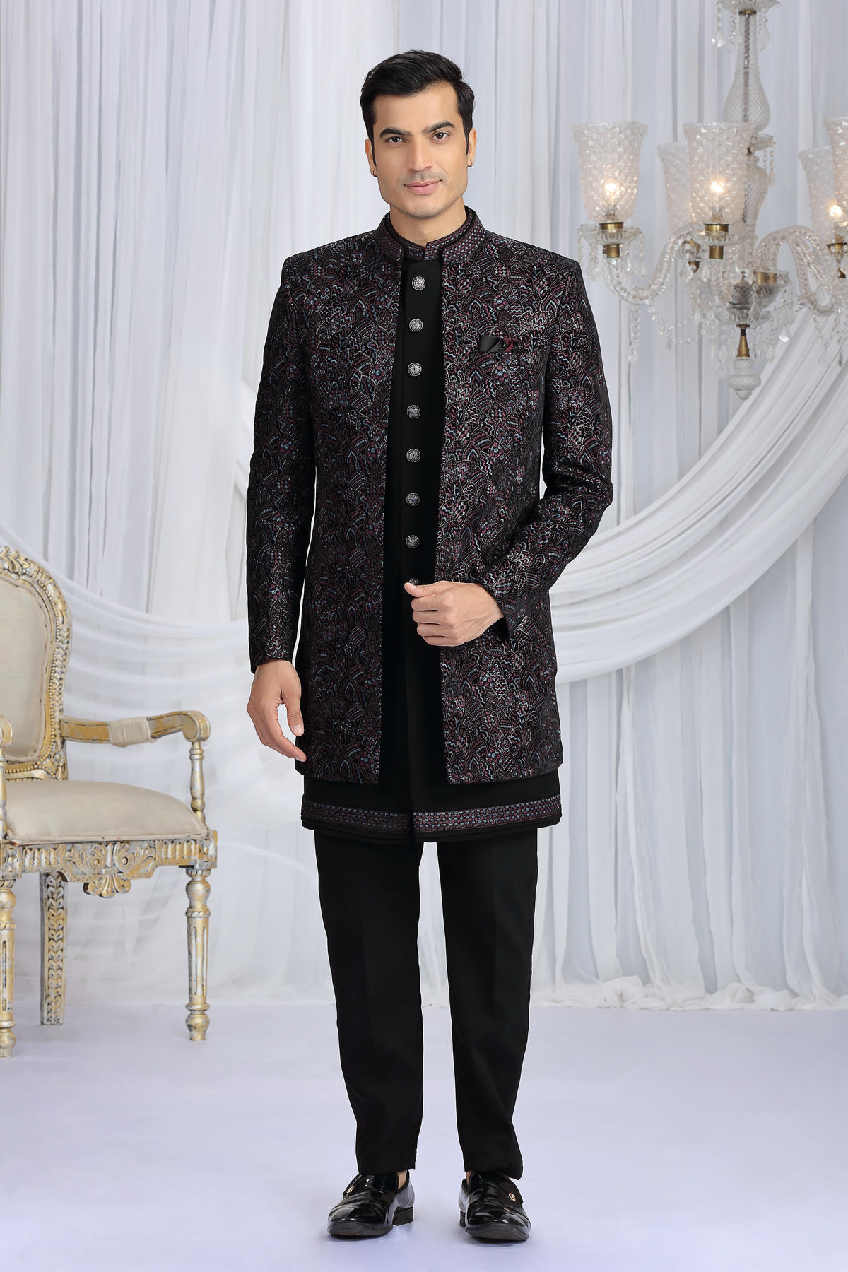 Black Colour Velvet Silk Embroidery Work 3 Pcs Indo Western Sherwani